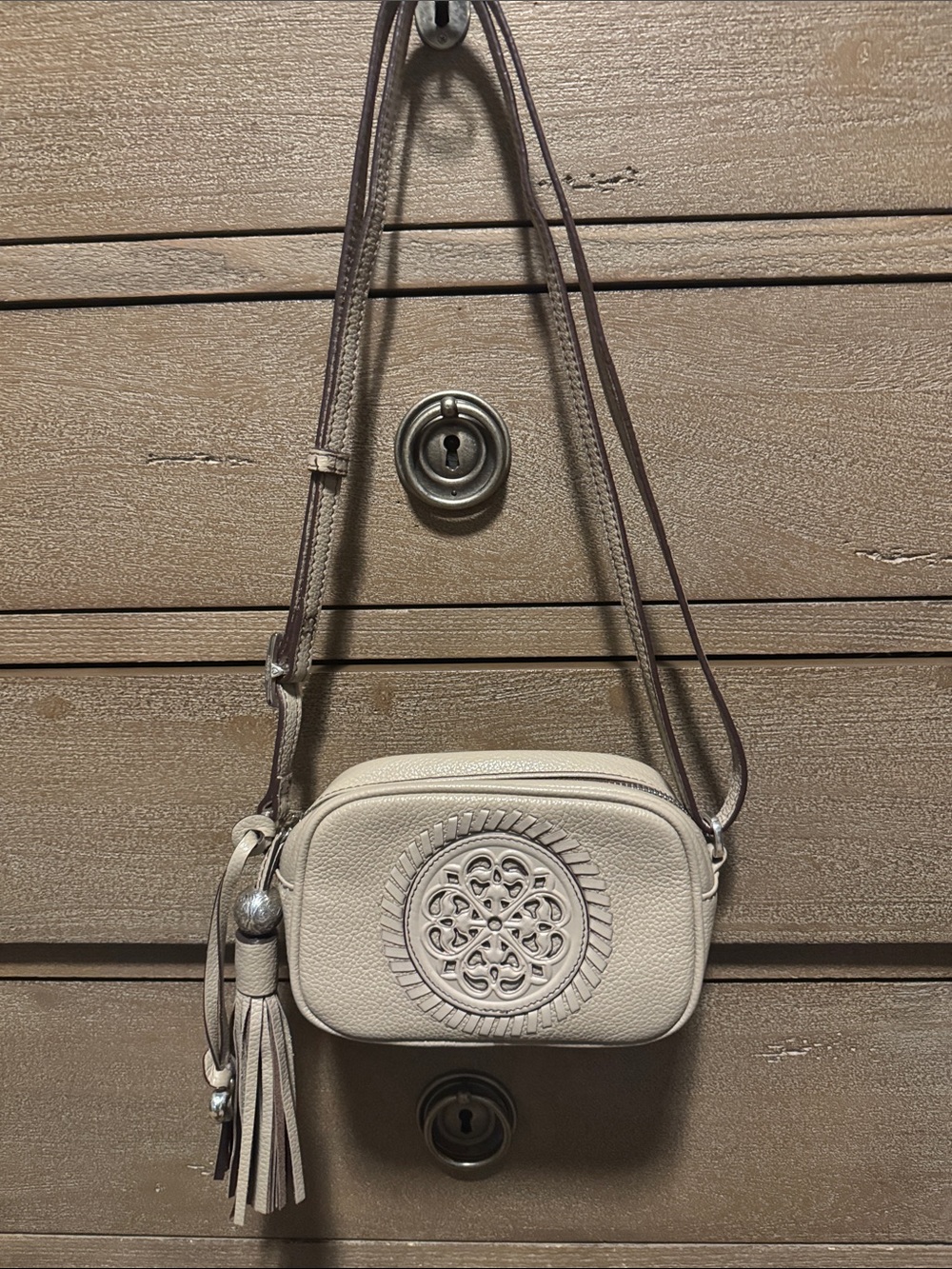 Brighton Handbag Ferrara Simona Leather Camera Crossbody Bag Taupe Medallion